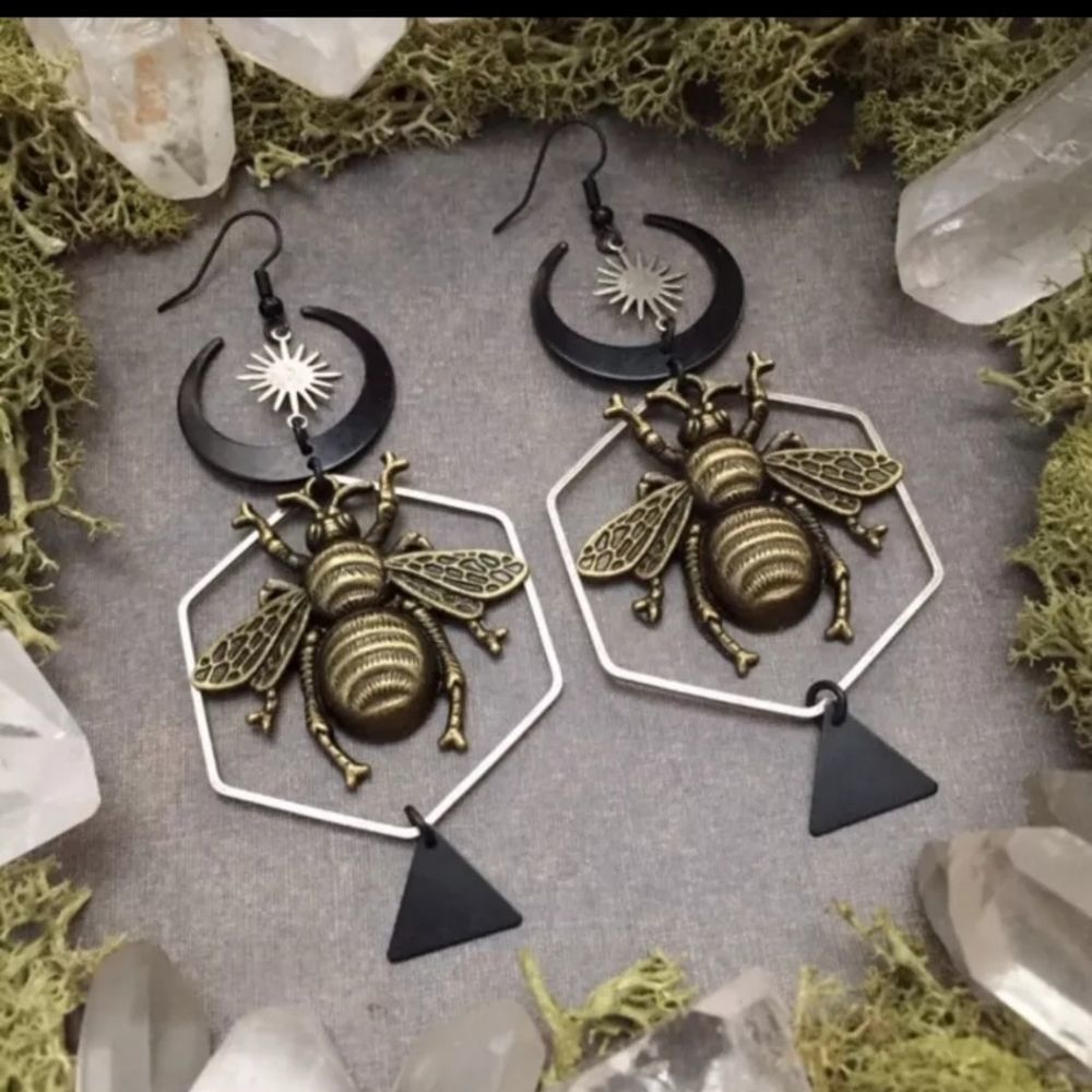 Silver black and golden bronze titanium queen bee goth punk moon sun earrings